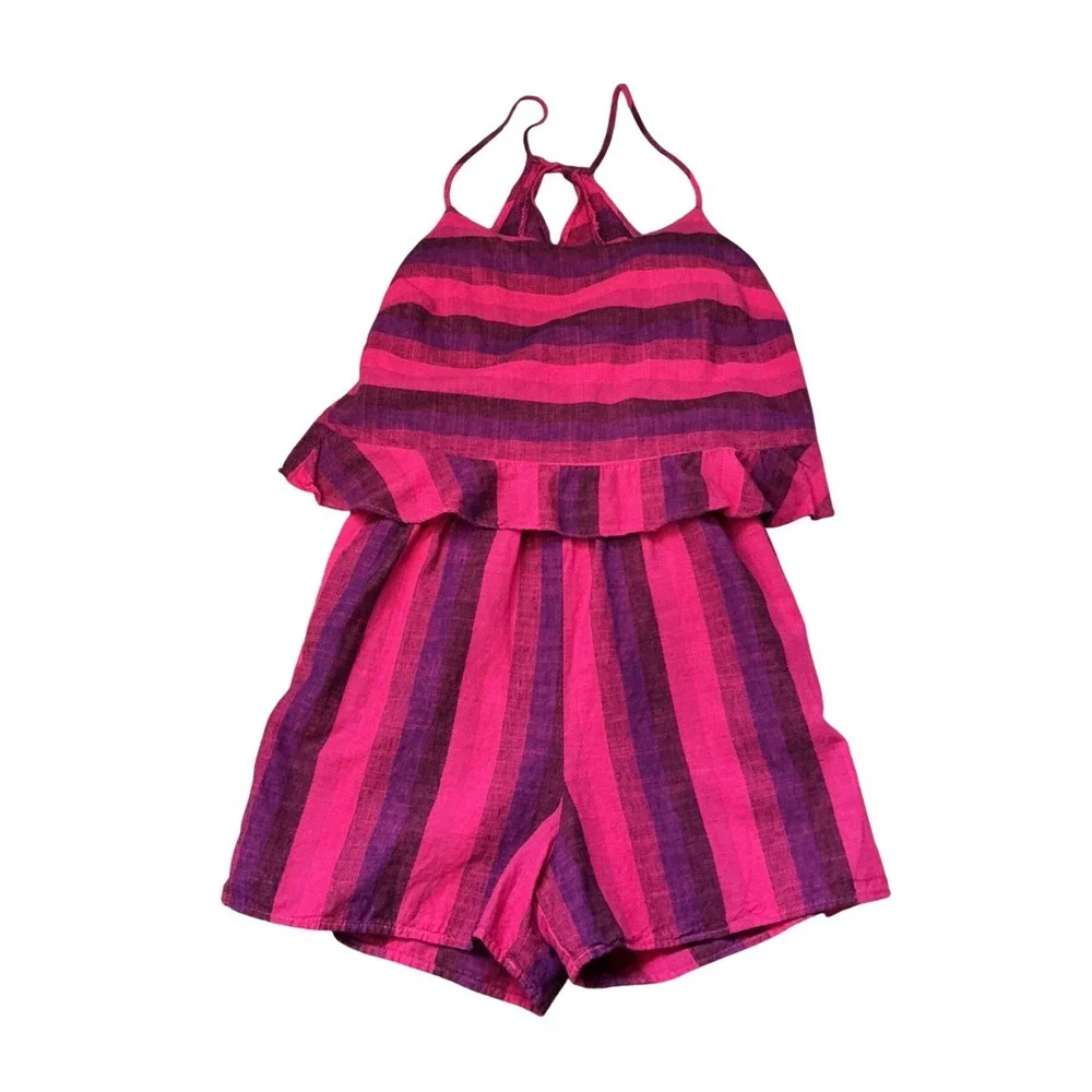Anthropologie MELIA‎ AMADI Women Pink Purple Striped Ruffle Overlay Romper Small